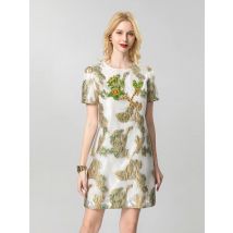 MIUXIMAO 2025 Fashion Royal Luxury Jacquard Summer Dresses  Green Leaf 3D Floral Diamonds Dress Short Dress Women Vestides
