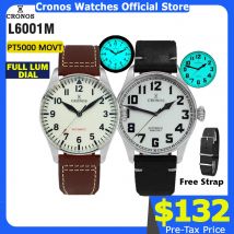 Cronos Pilot Flieger mechanische Herrenuhr aus Edelstahl, superleuchtendes Saphirglas, Skelett-Rückseite, Lederarmband