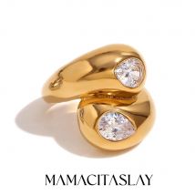 MamacitaSlay Einzigartiger Edelstahl-Zirkon-Ring, geeignet für übertriebener wasserdichter Schmuck für Damen, 18 Karat vergoldeter Ring, Geschenk