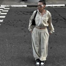 Y2K Elegante Casual Lose Hoodie Gerade Hosen Herbst Kpop Cropped Top Chic Zip Frauen Perppy Outfit Süße Gothic Basis Streetwear