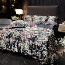 Premium Silk Bedding Set 4 Piece Double King Queen Couple Bed Printed Design Hypoallergenic Duvet Cover Bed Sheet Pillowcase