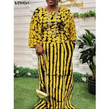 VONDA Plus Size 5XL Women Dress Vintage Printed Party Sundress 2025 Bohemian 3/4 Sleeve Robe Casual O Neck Long Holiday Vestidos