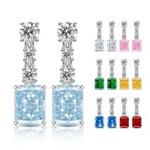 925er-Sterlingsilber, funkelnder quadratischer Diamant mit hohem Kohlenstoffgehalt, Eisblumenschliff, lange, intelligente, leichte, luxuriöse Hochzeitsohrringe für Damen