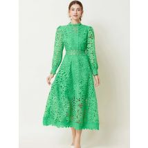 Solid Lace Holloe Out Slimming Elegant Dresses For Women Stand Collar Long Sleeve High Waist Minimalist Dress Female Fashion