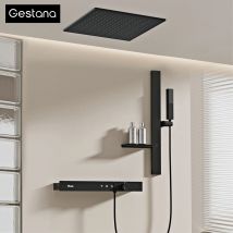 Luxuriöses Thermostat-Duschsystem für die Decke, schwarzes Messing, 3-Funktion, eingebaute Wand, Kalt- und Warmwasser-Wasserfall-Auslass, Badezimmer-Wasserhahn