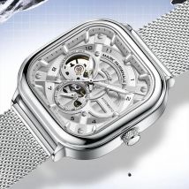 Mark Fairwhale 6014 Orologio meccanico con movimento automatico da uomo Quadrante quadrato Orologi da uomo con cinturino in maglia impermeabile in acciaio inossidabile