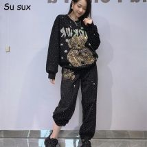 Pailletten Gypsophila Cartoon Bär Zweiteilige Outfits Frau Übergroße Hose Sets 2025, Herbst Koreanische Mode Sweatshirts Jogginghose