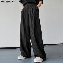 INCERUN 2023 Korean Style New Men Trousers Fashion High Waist Stripe Long Pants Casual Streetwear Male Straight Pantalons S-5XL