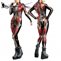[Du bist mein Geheimnis] Halloween Cosplay 3D Party Muskel gedruckt Overall Langarm Frauen Bodys dünne elastische Kostüm Catsuit