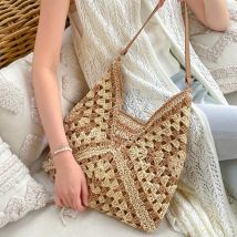 JIOMAY 2025, gewebte Farbblock-Tragetasche für Damen – geräumige Umhängetasche, stilvolle Urlaubs-Strand-Strohhalm-Geldbörse für Sommerausflüge