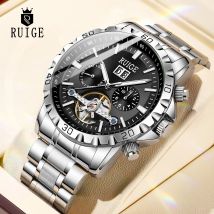 RUIGE Neue multifunktionale Herrenuhr aus Edelstahl, luxuriöser Herren-Kalender, Mondphase, modische Trenduhr