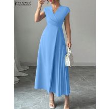 ZANZEA Office Women Dresses 2025 Elegant V Neck Sleeveless Party Dress Solid Pleated Sundress Stylish Waisted Maxi Long Vestidos