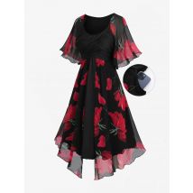 ROSEGAL Übergröße Blumenmuster Chiffon Kleid mit Raffungen, Rüschen und Schlitzsaum, Mehrlagiges Rotes Rosen-Kleid 2026, Lässiges Rundhals-Kleid