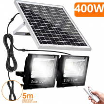 Luce solare a led da 400 W Luce di inondazione a 2 teste ad alta luminosità Lampada da parete da giardino per esterni impermeabile con pannello solare in alluminio Per giardino
