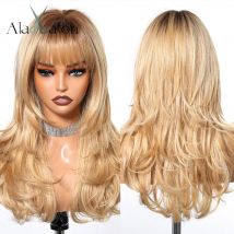ALAN EATON Ombre Golden Synthetic Wigs with Bangs Long Layered Straight Wig Smooth Fluffy Hair for Women Party Daily Blonde Wig