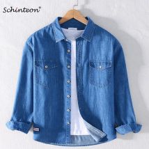 Marke Schinteon 100% Baumwolle Männer Denim Hemd Zwei Front Taschen Lange Ärmeln Drehen-unten Kragen Casual Herbst Hemd Männlich