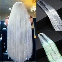 Langes glitzerndes Haar-Lametta, Regenbogenfarben, glänzende Seiden-Haarsträhnen, Erweiterungen für Damen, synthetischer Hippie zum Flechten von Kopfschmuck, Glitzerstreifen