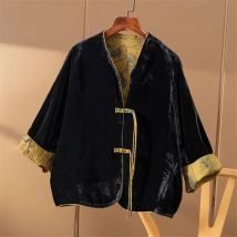 Frühling Neue Chinesische Stil Seide Samt Jacke Frauen Dünne Retro Gedruckt Mantel High-end-Schnalle Taste Herbst Kleidung Outwear