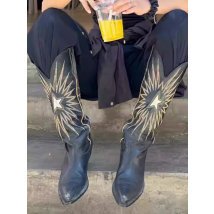 New Autumn/Winter Women's Black Cowboy Boots Star Embroidery Pointed Toe Block Heel Western Music Festival Matching Daily Shoes