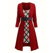 Europäische und amerikanische Mode Plus-Size-Damen elegantes Temperament Nähte Schnalle Plaid Druck gestrickt Plus-Size-Kleid Wome