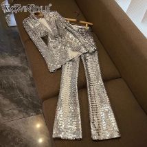 TWOTWINSTYLE Solid Sequin Two Piece Sets For Women Lapel Long Sleeveltop High Waist Pants Elegant Set Female Fashion KSE527441