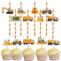 1set Bau Fahrzeug Kuchen Topper Bulldozer Bagger Papier Stroh für Jungen Glücklich Geburtstag Party Kuchen Dekoration Lieferungen