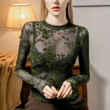 # 4258 Grünes Mesh-T-Shirt für Damen, langärmelig, sexy, dünn, durchsichtig, Rundhalsausschnitt, dünnes kurzes T-Shirt, weibliche Falten, Perspektive