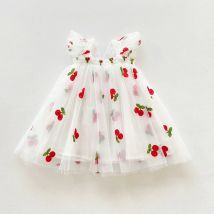 Süßes Baby Mädchen Kleid Kirsche Stickerei Sommer Prinzessin Kleid Kleinkind Kinder Geburtstag Party Vestidos Fliegende Ärmel Tägliche Kleidung