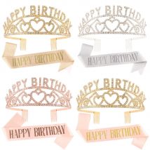 Alles Gute zum Geburtstag, Tiara und Schärpe, Roségold, glitzernde Satin-Schärpe und Stirnband für Mädchen und Frauen, alles Gute zum Geburtstag, Party-Dekorationen, Zubehör