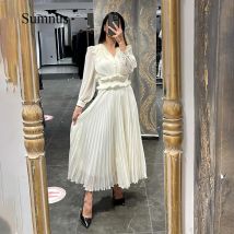 Sumnus weiß Chiffon Langarm Abendkleider Perlen V-Ausschnitt Falten geraffte Midi Prom Party Kleid maßge schneiderte Dubai formelle Kleider