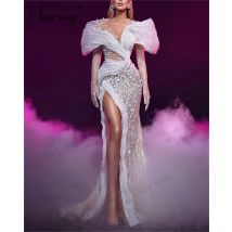 Eleganti abiti da sera a sirena con perle arabo Dubai con spalle scoperte abiti da festa celebrità per le donne abito di fidanzamento con spacco laterale