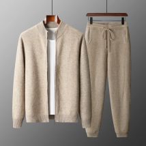 100% Merino Wool Trousers Cardigan Sweater Men Knitwear Thick Zipper Jacket Pencil Pants Autumn Winter Clothes High-end Man set