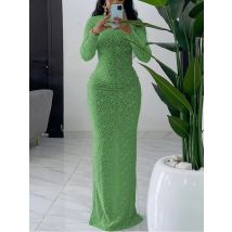 Women's Round Neck Long Sleeve Flocking Slim Dress Trendy Solid Color Temperament Elegant Evening Dress Simple Style Vestidos