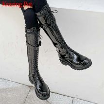 Krazing Pot Kuh-Lackleder, über Kreuz gebunden, runde Zehen, Rock-Sänger, Reitsport, lange Stiefel,