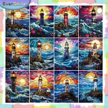 EverShine Diamant-Gemälde, Leuchtturm, Kreuzstich, Stickerei, Landschaft, voller quadratischer Bohrer, Mosaik, Buntglas-Kunst, Urlaubsgeschenk