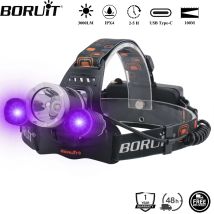 BORUiT RJ-3000 390 nm UV-LED-Stirnlampe Typ C, wiederaufladbar, superheller Scheinwerfer, wasserdichte Stirnlampe, Camping, Angeln, Laterne