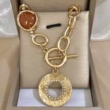 Flashbuy Vintage Stone Pendant Necklace for Women Bohemia Big Round Alloy Thick Chain Necklaces Fashion Jewelry Gift