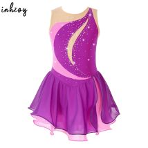 Vestito da pattinaggio artistico in Chiffon senza maniche per ragazze Costume da competizione con body da ballo con strass lucido