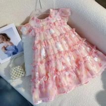 Rosa 3-7 Jahre altes Mädchen Freizeitkleidung Sommer Neues Rundhals Spitze Blumen Puff Kuchen Prinzessin Ärmelloses Kleid Süßer Geburtstag