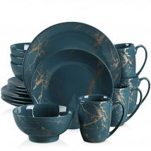 LOVECASA-Juego de vajilla de Procelain, color verde oscuro, diseño dorado Splash con plato de cena, plato de pastel, cuencos, tazas de café, 16/32/48 piezas
