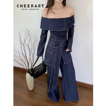 CHEERART 2-teiliges Set Damen-Outfit, Denim, schulterfrei, langärmliges Oberteil und lange Hose mit weitem Bein, Herbstkleidung 2024 Damen