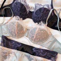 2-teiliges französisches Wimpern-Spitzen-Unterwäsche-Set für Frauen, sexy hohl, 1/2 dünne Körbchen, Push-Up-BH, verstellbarer Riemen, Büstenhalter, Dessous