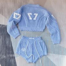 Mädchen Anzug Stricken 2023 Neue Mode Sommer Koreanische Ladylike Süße 2 Pic Set Voll Zipper Oansatz Elastische Taille Solide Shorts sex
