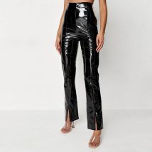 Pantaloni a gamba dritta in pelle PVC lucida da donna Pantaloni da ufficio a vita alta in finta pelle verniciata con orlo diviso Pantaloni elasticizzati personalizzati