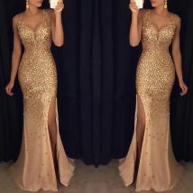 Elegantes neues langes Damenkleid mit Hosenträger, Damen-Bling-Pailletten, Hochzeits-Abendkleid, V-Ausschnitt, Schlitz, schmal geschnittenes High-End-Kleid