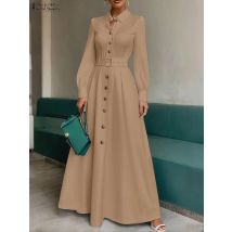 ZANZEA Women's Elegant Belted Long Shirtdress Turn-Down Collar Long Sleeve Button Up A-Line Maxi Dresses Office Commuting Wear