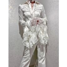 French Elegant Lolita Gothic Lace Shirt Women Harajuku Sweet Lapel Neck Tops Autumn Y2k Lace Up Slim Waist White Blouses New