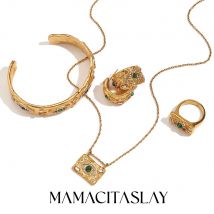 MamacitaSlay Vintage Malachit Evil's Eye Strass Creolen Armband Ringe Halskette Edelstahl Schmuck für Frauen