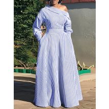 Plus Größe 5XL VONDA Elegante Kleid 2024 Frauen Off Schulter Gestreiften Party Sommerkleid Böhmischen Beiläufige Lose Langarm Vestidos