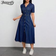 Benuynffy Kerb Neck Einreiher Denim Langes Kleid Damen Sommer Kurzarm Elegante Vintage Damen A-Linie Kleider 2025
